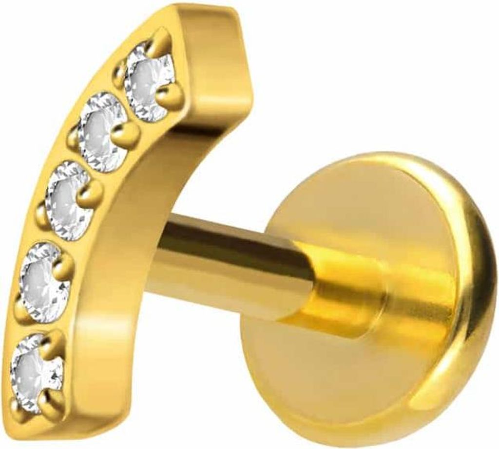 Ohrpiercing, Nasenpiercing Titan Labret mit Push Fit BOGEN + 5 KRISTALLE Gold Stablänge: 8mm | Stabstärke: 1mm