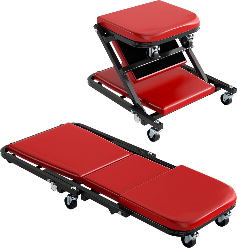 GOPLUS 2 in 1 Rollbrett Werkstatt, Werkstatthocker mit 360° bis zu 150 kg mit Lenkrollen, klappbares Montageliege mit Sitz- & Liegefunktion (Rot)