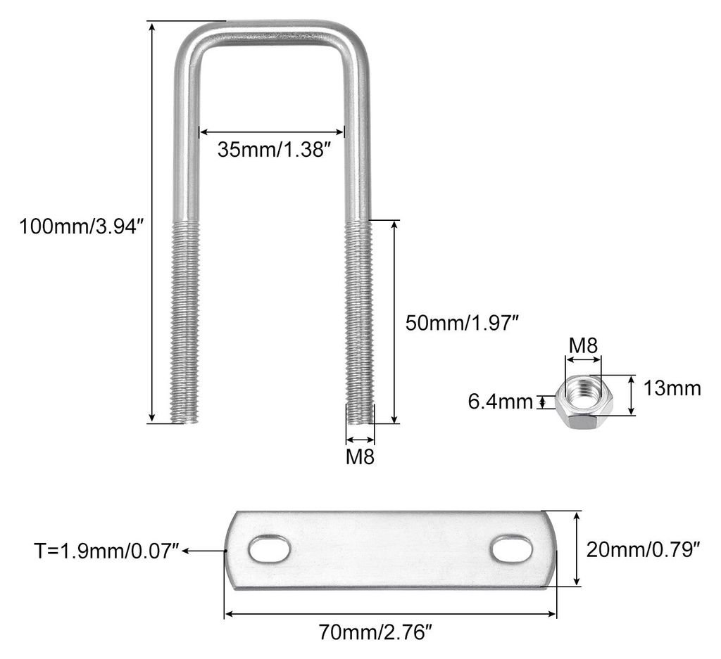 3 Stš¹ck U-Bolzen M8 x 35mm x 100mm U-Bš¹gel U-Schrauben Quadratische Bš¹gelschraube 304 Edelstahl mit Mutter Platten Klemmschraube fš¹r Da...