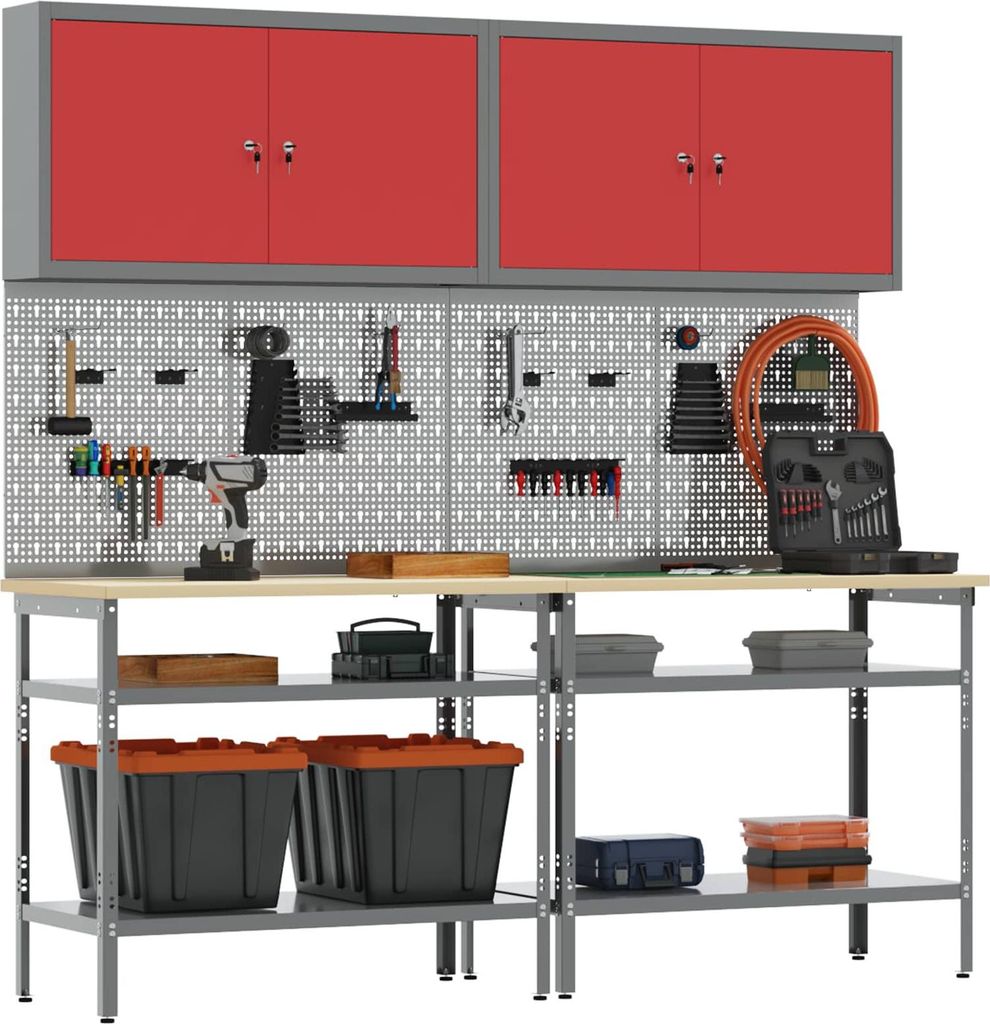 vidaXL Werkbank-Set 8 pcs Rot und Grau Pulverbeschichteter Stahl