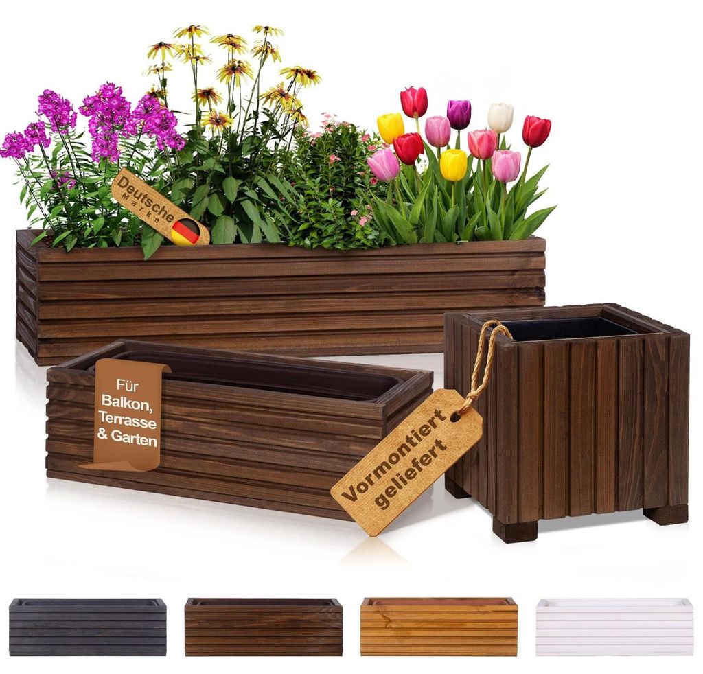 Blumenkasten Holz mit Einsatz · Dunkelbraun 64cm x 20cm x 14cm · 4 Farben 3 Größen · Pflanzgefäß für Fensterbank / Balkon / Terrasse