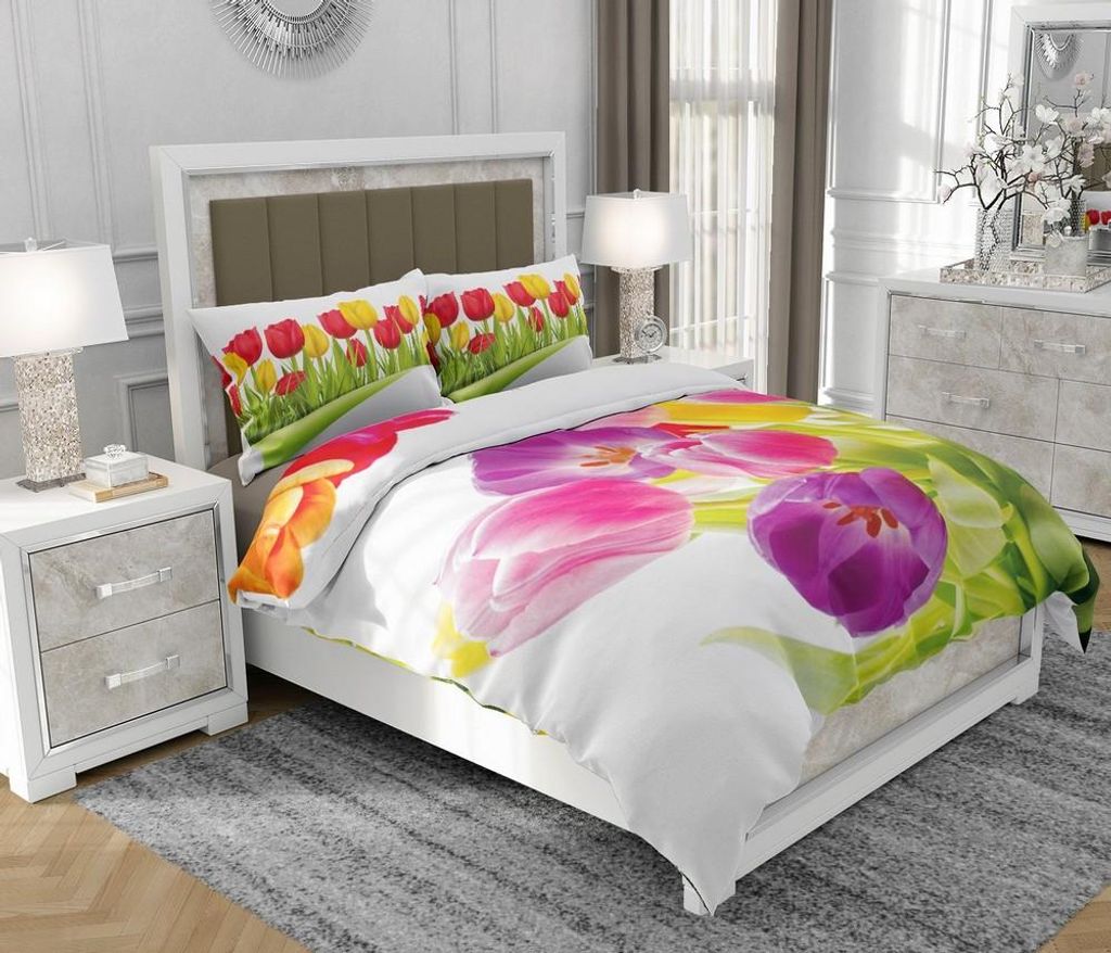 Bettwäsche 140x200 cm + 2x70x80 cm, 3-teilig, 100% Baumwolle, Satin, Reißverschluss, Blumen, Bunt - SOVIO | So.0087