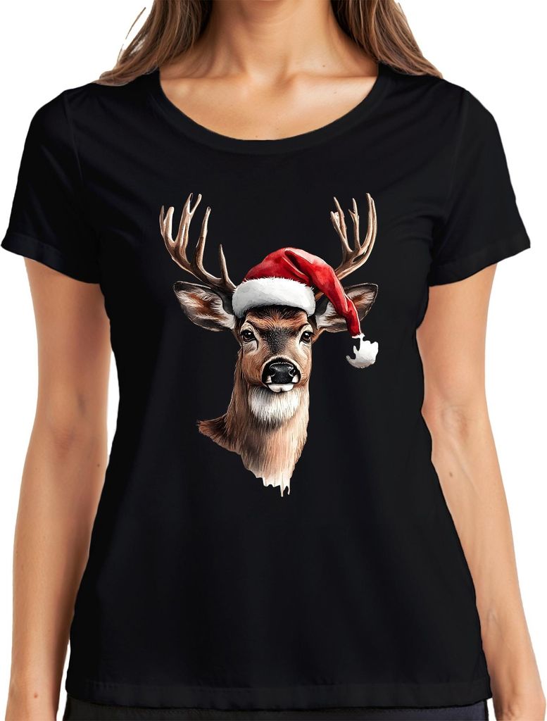 Rentier Hirsch Geweih Santa Hut Weihnachten Geschenk Vintage Damen T-Shirt, Schwarz, 3XL
