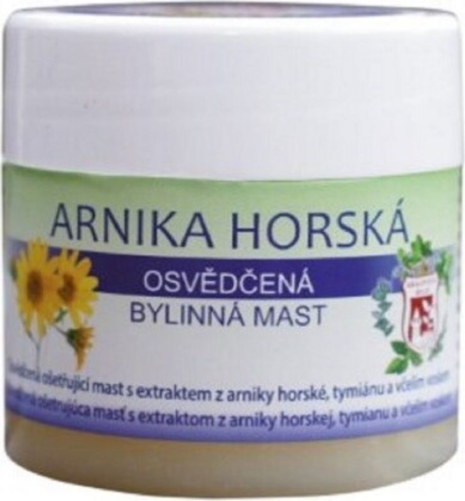 A jar of Arnika Horská ointment with illustrations of sunflowers and herbs.