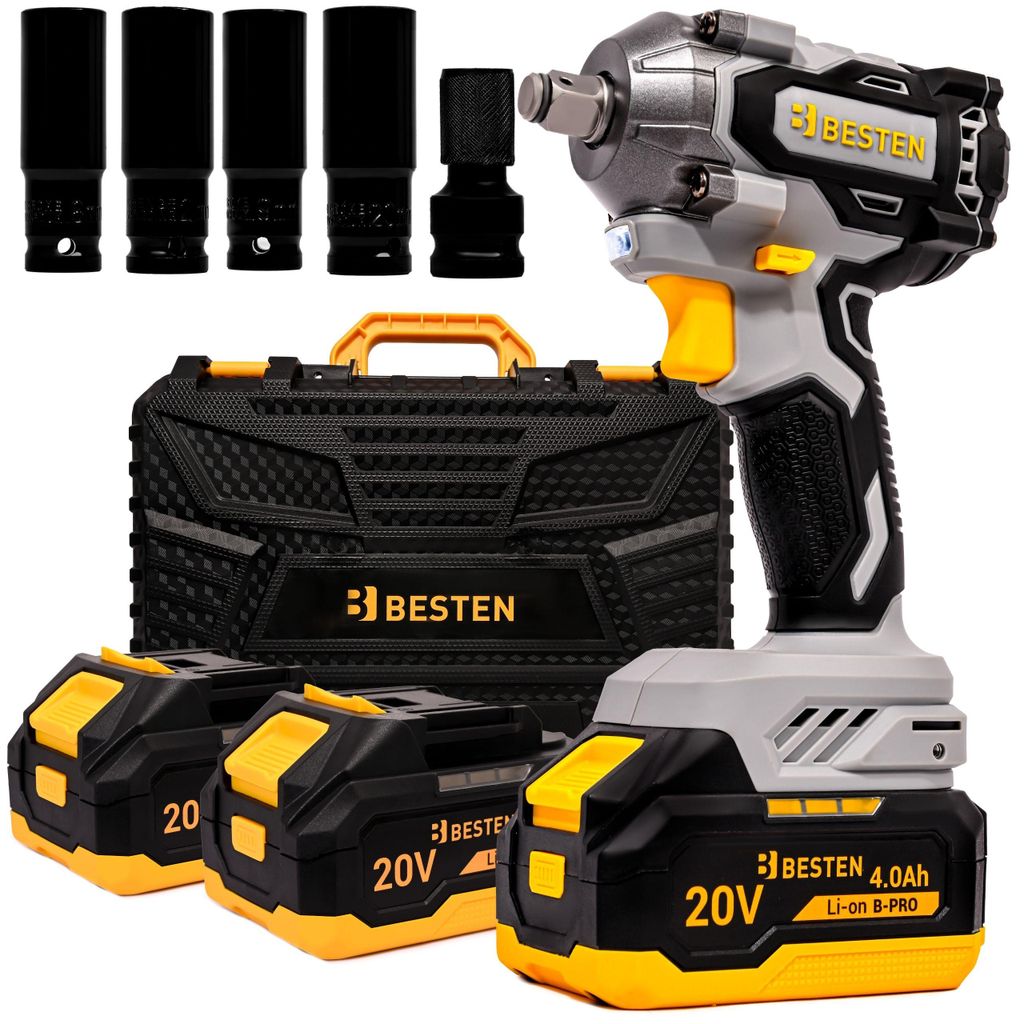 A cordless impact wrench kit with accessories, including batteries, sockets, and a carrying case.