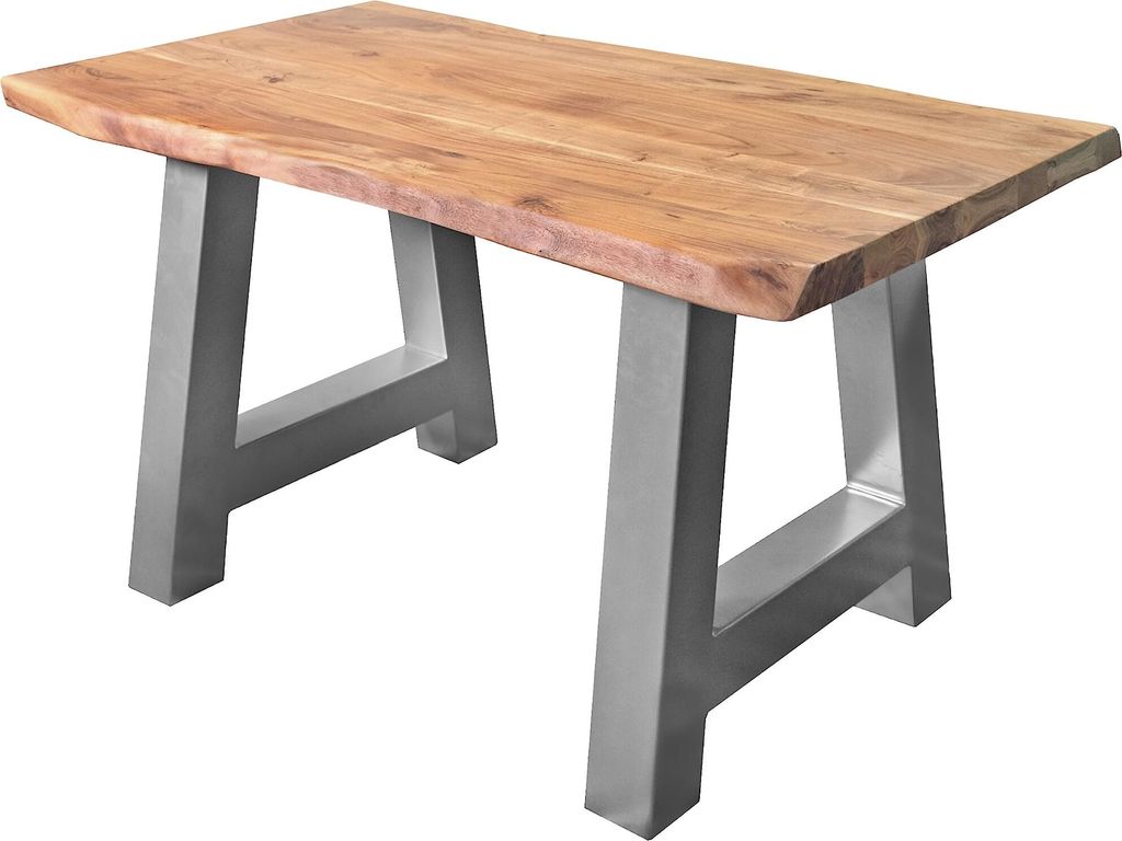 Esstisch 140 x 80 cm Cali, Baumkantentisch naturfarben, Akazienholz massiv, A-Gestell aus Metall Silber, aufgedoppelte Kanten 25+25 mm