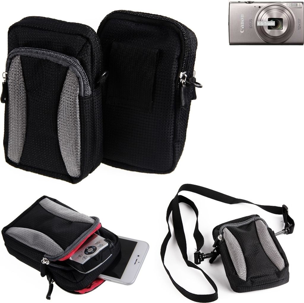K-S-Trade Fototasche kompatibel mit Canon IXUS 285 HS Gürtel-Tasche Holster Umhänge Tasche Kameratasche, schwarz-grau Brust-Beutel Brust-Tasche