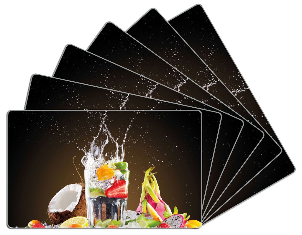 Wallario Frühstücksbrettchen 6er Set aus Glas, je 14 x 23 cm, mit rutschfesten Füßen, Motiv Tropische Früchte in einem erfrischenden Drink