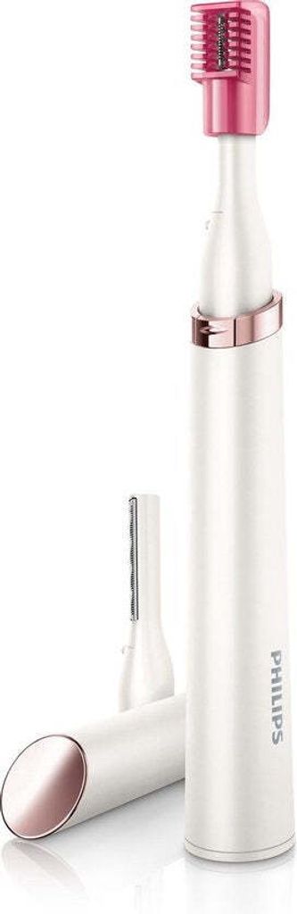 A white and rose gold Philips personal grooming device with a pink trimming head is shown against a white background. Another similar device is lying horizontally in the foreground.