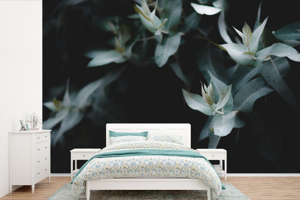 MuchoWow Fototapete für Wohnzimmer oder Schlafzimmer Wandtapete Vinyl Motivtapete Eukalyptuszweige auf dunklem Hintergrund - 600x400 cm - Vinylt...