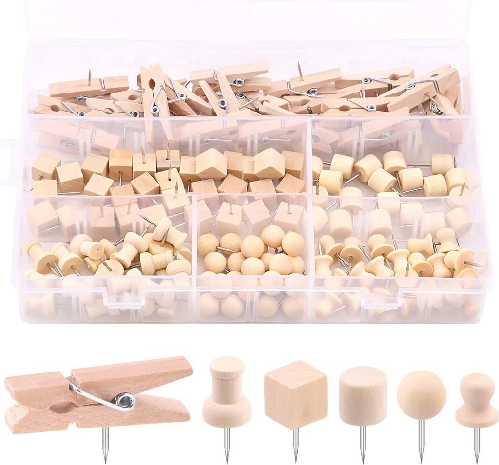 135 Stück Holz Pinnadeln Set mit, inklusive Aufbewahrungsbox Reißnägel, Push Pins, Clips und Heftzwecke für Pinnwand, Korkplatte, Landkarte, Fo...