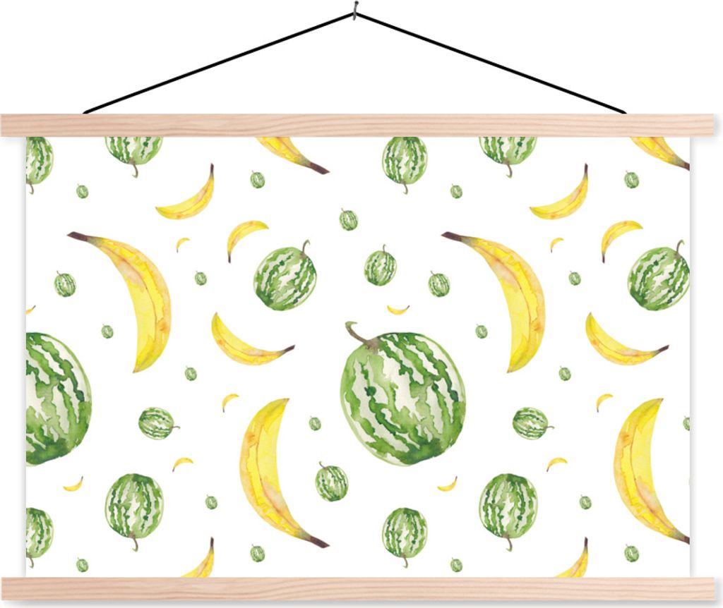 MuchoWow Textilposter Bananen - Melonen - Schablonen 60x40 cm mit holzfarbenen Rahmen - Bilder