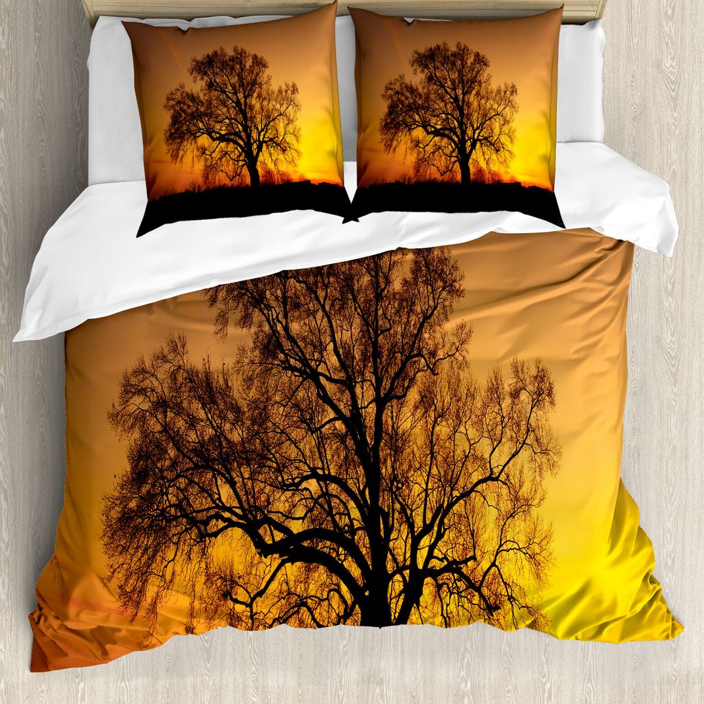 ABAKUHAUS Baum Bettbezugs Set Für Doppelbetten, Alte Eiche bei Sonnenuntergang, Milbensicher Allergiker geeignet mit Kissenbezügen, Orange Mehrfa...