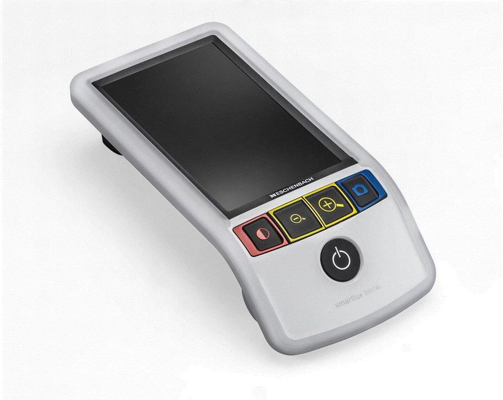 A digital magnifier with a screen and buttons.