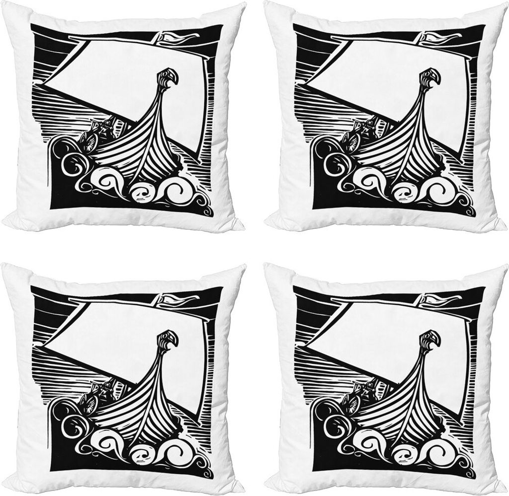 ABAKUHAUS nordisch Kissenbezug Set (4 Stück), Viking Longboat on Waves, Moderner Doppelseitiger Digitaldruck, 45 cm x 45 cm, Schwarz und weiß
