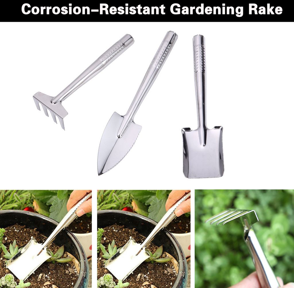3pcs/Set Garden Rake Schaufel Spaten Handheld Edelstahlblume Sukkulente Pflanzboden Verarbeitung Handwerkzeug Außengartenzubehör