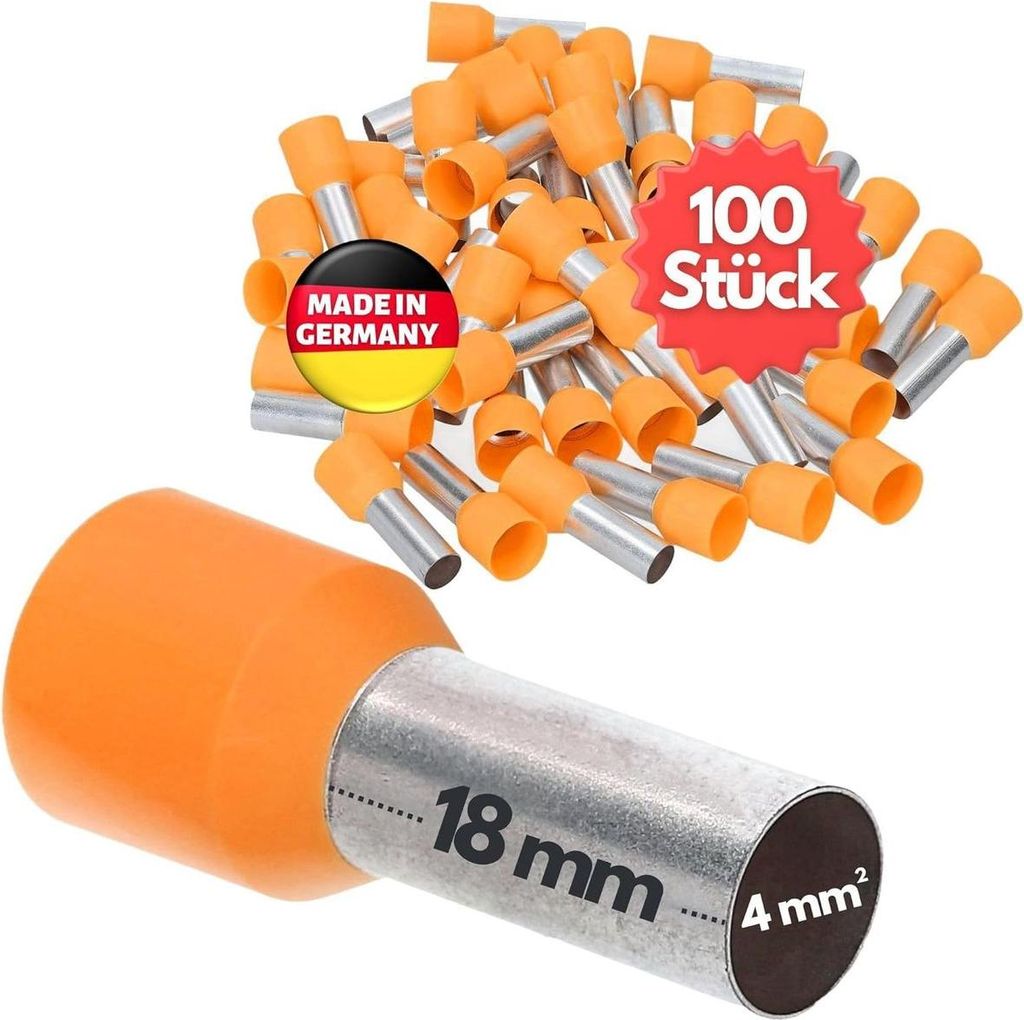 100 Stück Kalitec AE418OR Aderendhülsen isoliert 4,0mm² 18mm lang orange I Germany I Industriequalität