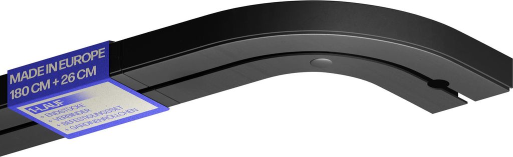 Gardinenschiene 180cm (2x90cm) / 1-läufig mit Rundbogen, Vorhangschiene Komplettset (Verbinder,Befestigungs-Set,Seitendeckel,Gardinenröllchen)