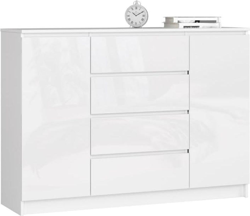 BDW, Kommode mit 4 Schubladen, 139x40x99 cm, K140, Weiß Hochglanz