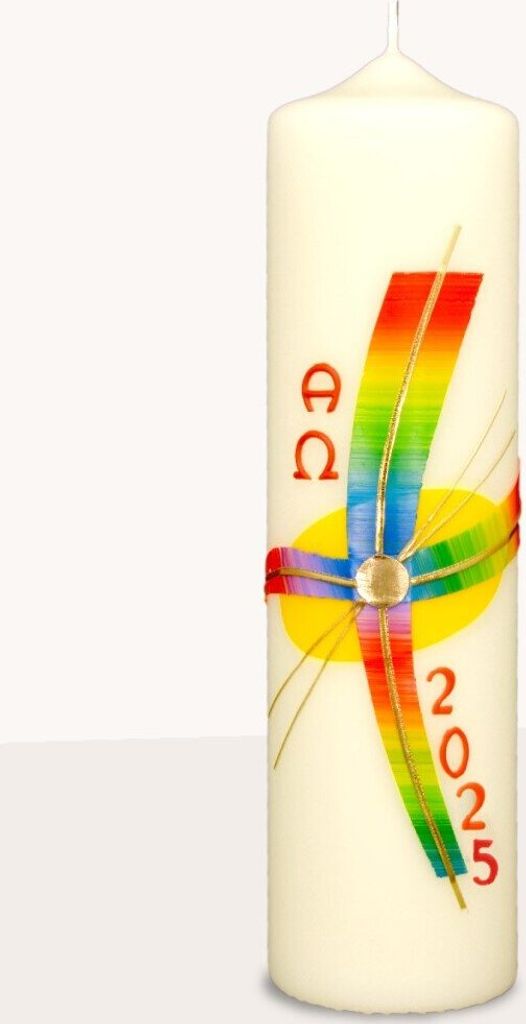 Osterkerze Regenbogenkreuz, A und O, Jahreszahl 270 x Ø 70 mm