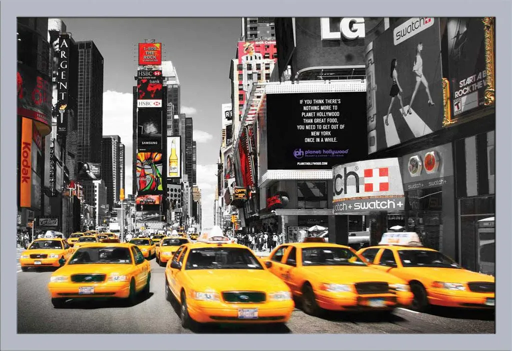 Poster New York Times Square Yellow Cabs + Cornice Shinsuke MDF Argento