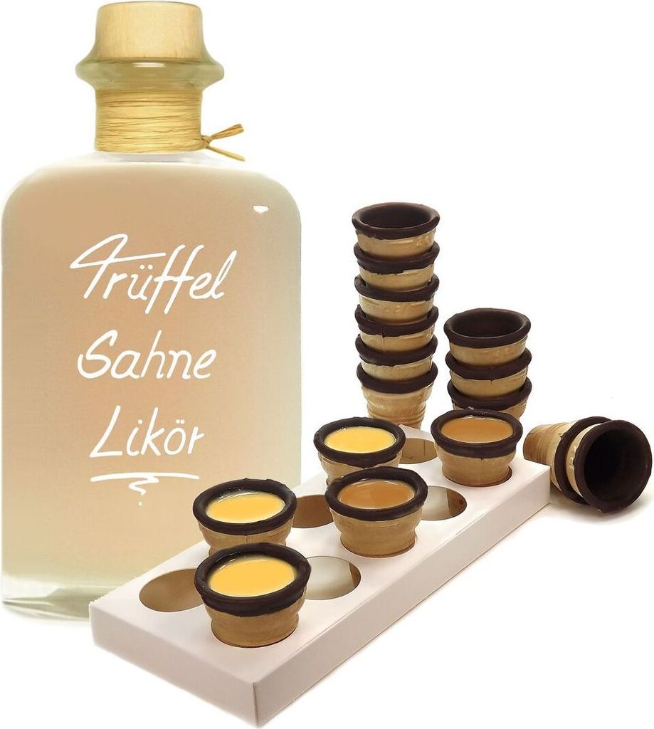 Trüffel Sahne Likör 1L mit 16 Waffelbechern & Becherhalter 18%Vol Tolles Geschenk Trüffellikör Sahnelikör