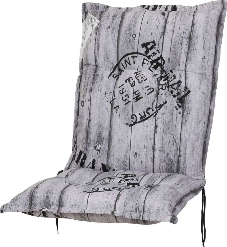 A chair cushion with a wood grain pattern and stamp-like graphics.
