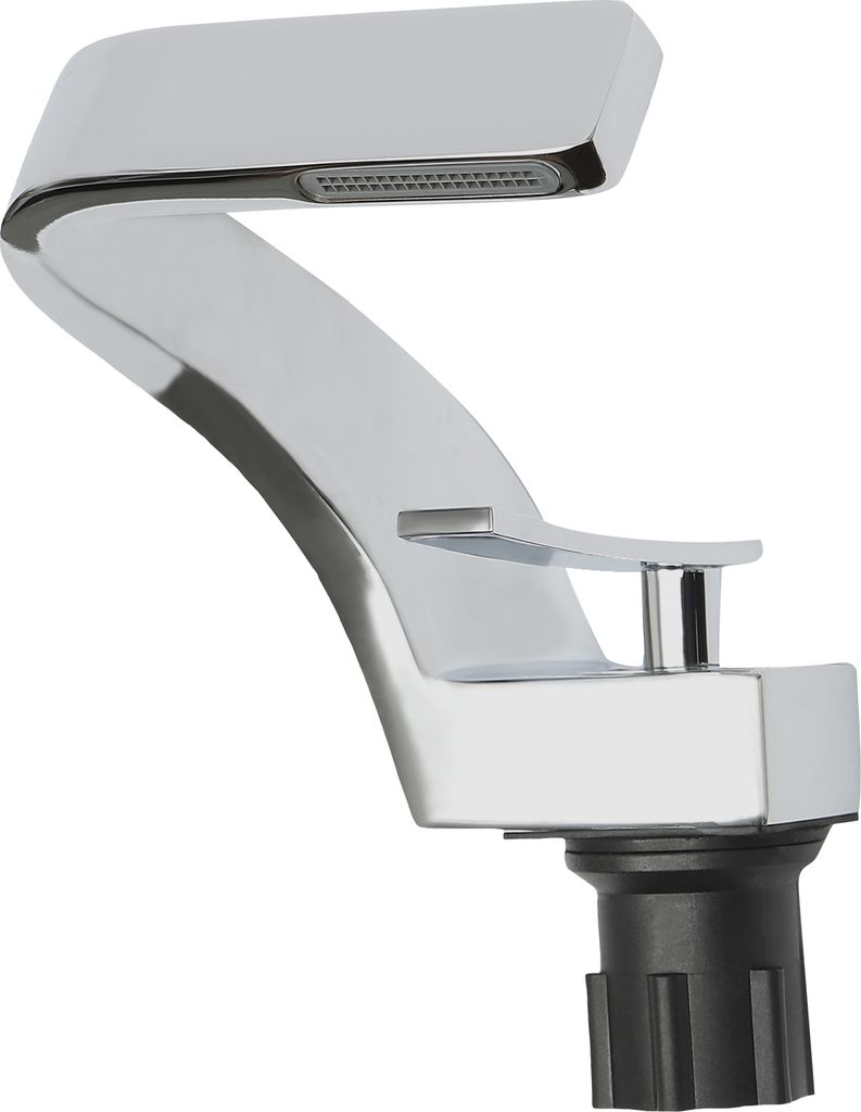 A chrome-finished faucet with a modern, waterfall-like design.