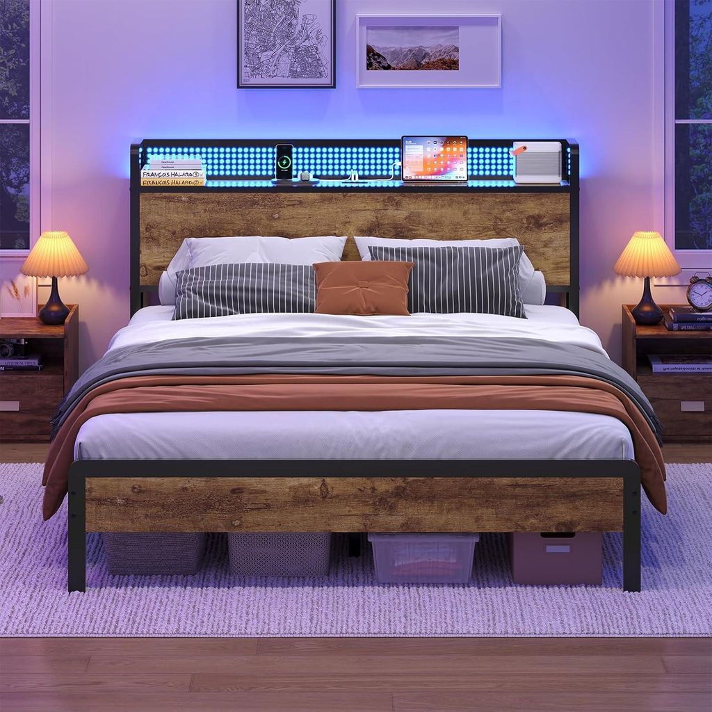A bedroom scene featuring a bed with LED lighting and a headboard with storage.