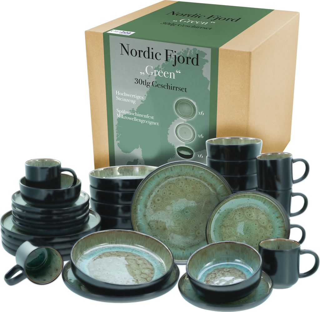 A set of stoneware dishes is displayed in front of its packaging.