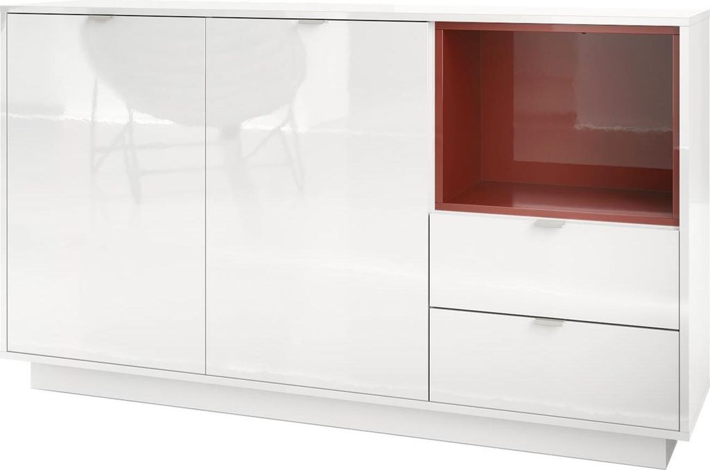 Vladon Sideboard Kommode Metro, Germany, Korpus in Weiß Hochglanz / Fronten in Weiß Hochglanz mit Einsatz in Bordeaux Hochglanz