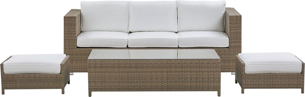 BELIANI Lounge Set Weiß Braun PE Rattan Kaffeetisch 2 Ottomane Auflagen Modern Outdoor