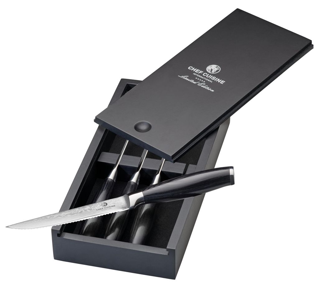 Chef Cuisine Damast Steakmesser 4er Set, Griff aus Pakkaholz
