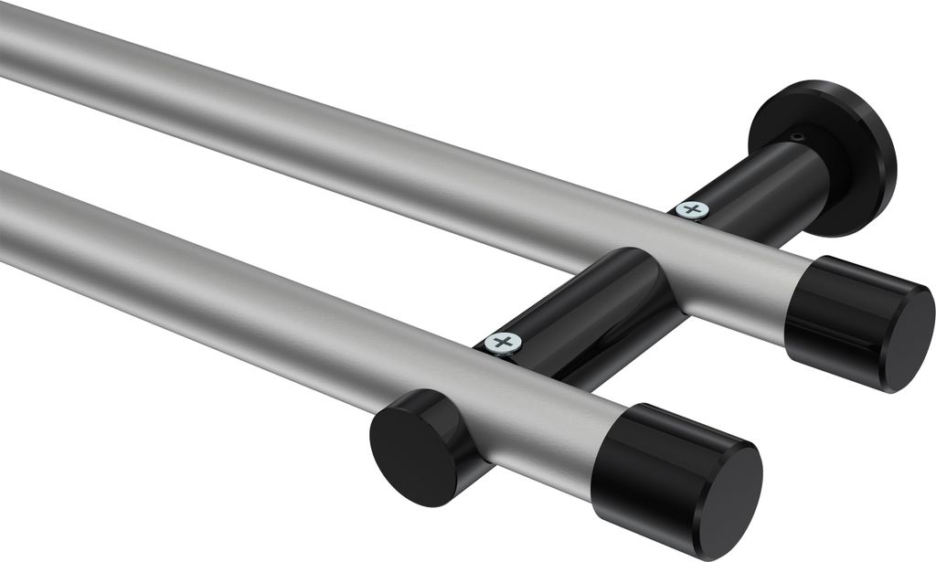 Interdeco Gardinenstange / Vorhangstange Silbergrau / Schwarz, Typ Platon Santo (Kappe) ohne Ringe, 20 mm Ø 2-läufig, 220 cm