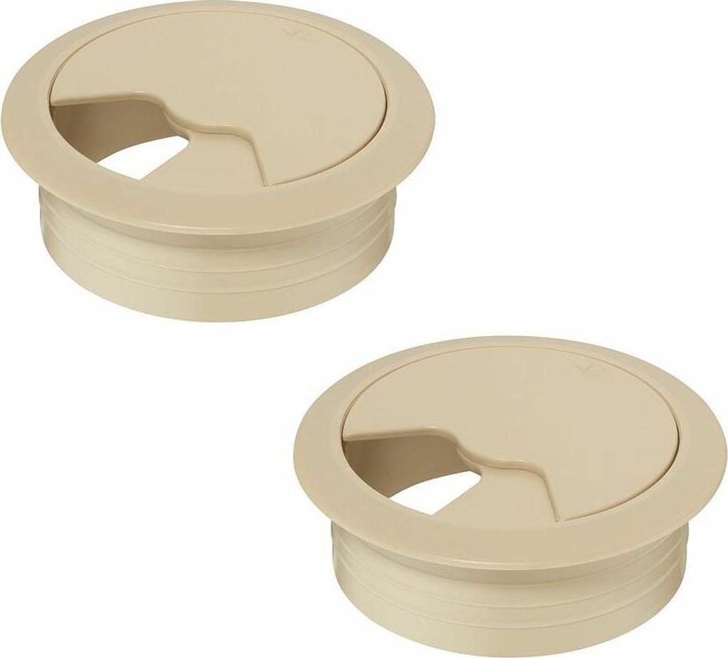 2x 80 mm runde, beige Kunststoff-Kabeldurchführungen für Computer-/Bildschirmstecker und -kabel – Möbelzubehör