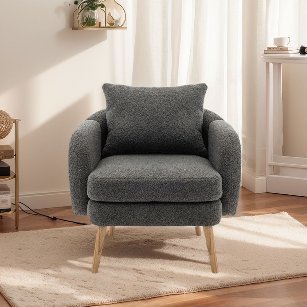 (Weiß)Loungesessel mit Kissen Fernsehsessel Teddyplüsch Relaxsessel Gepolsterter Sessel Extra dicker Sofa-Sessel mit Zierkissen und Massivhol...