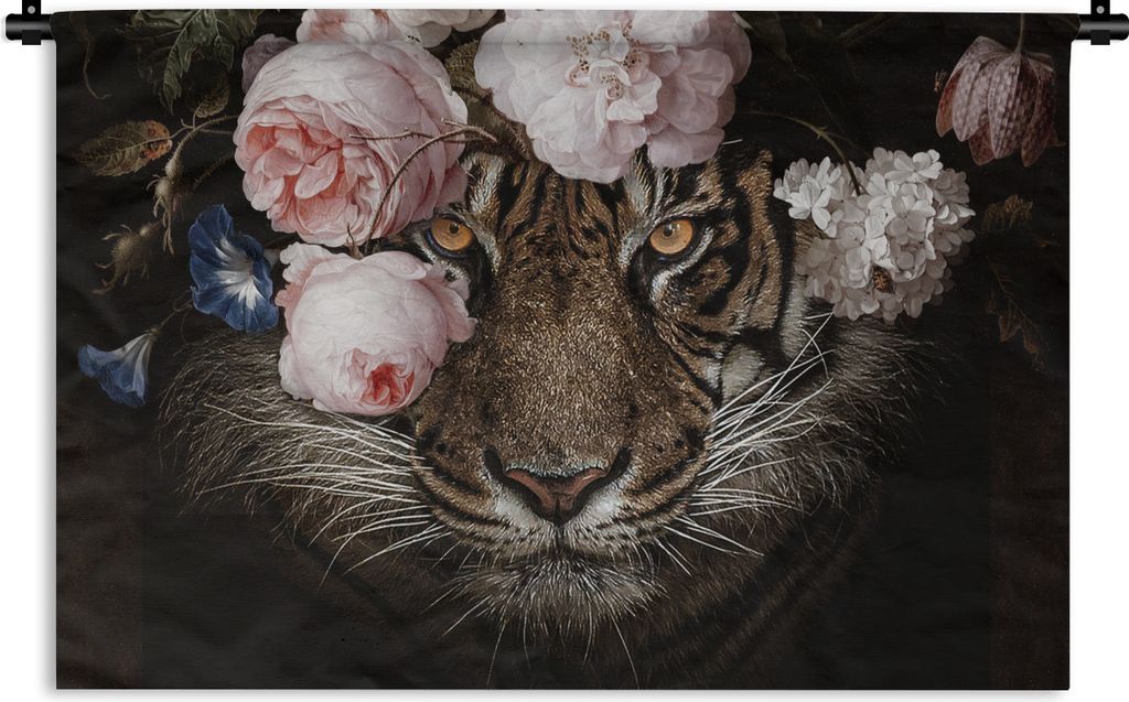 MuchoWow Wandteppich Wandbehang Tiger - Blumen - Porträt 60x40 cm Tapisserie Dekoration Wandtuch - Wanddekorationen
