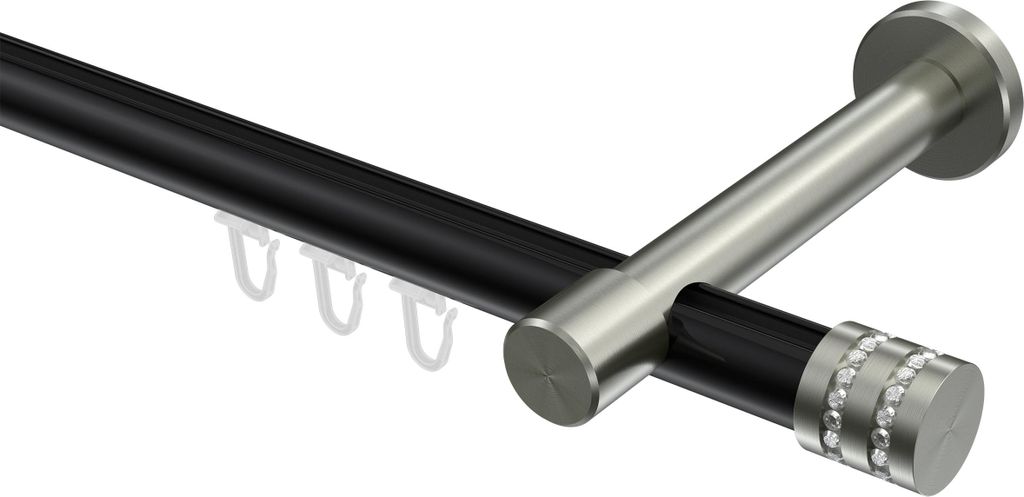 Interdeco Innenlaufstange / Gardinenstange mit Innenlauf Schwarz / Edelstahl-Optik, Typ Prestige Estana (Glitzerkappe), 20 mm Ø 1-läufig, 280 cm