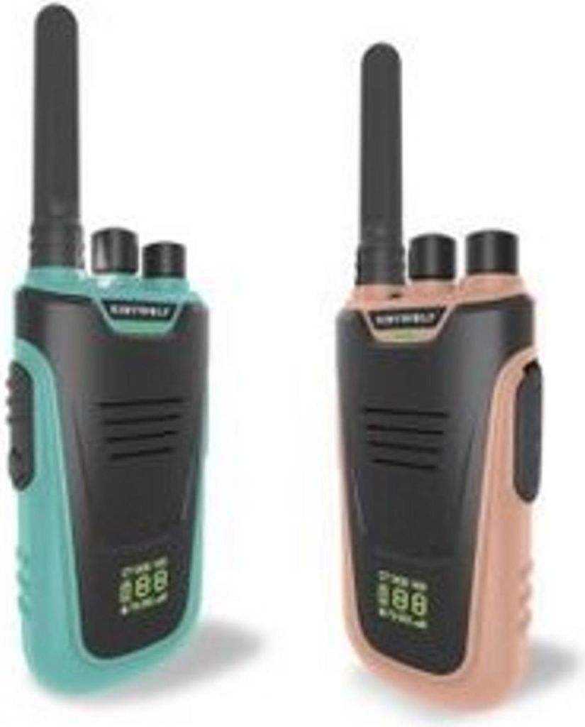 Two walkie-talkies, one teal and one pink, are shown against a white background.
