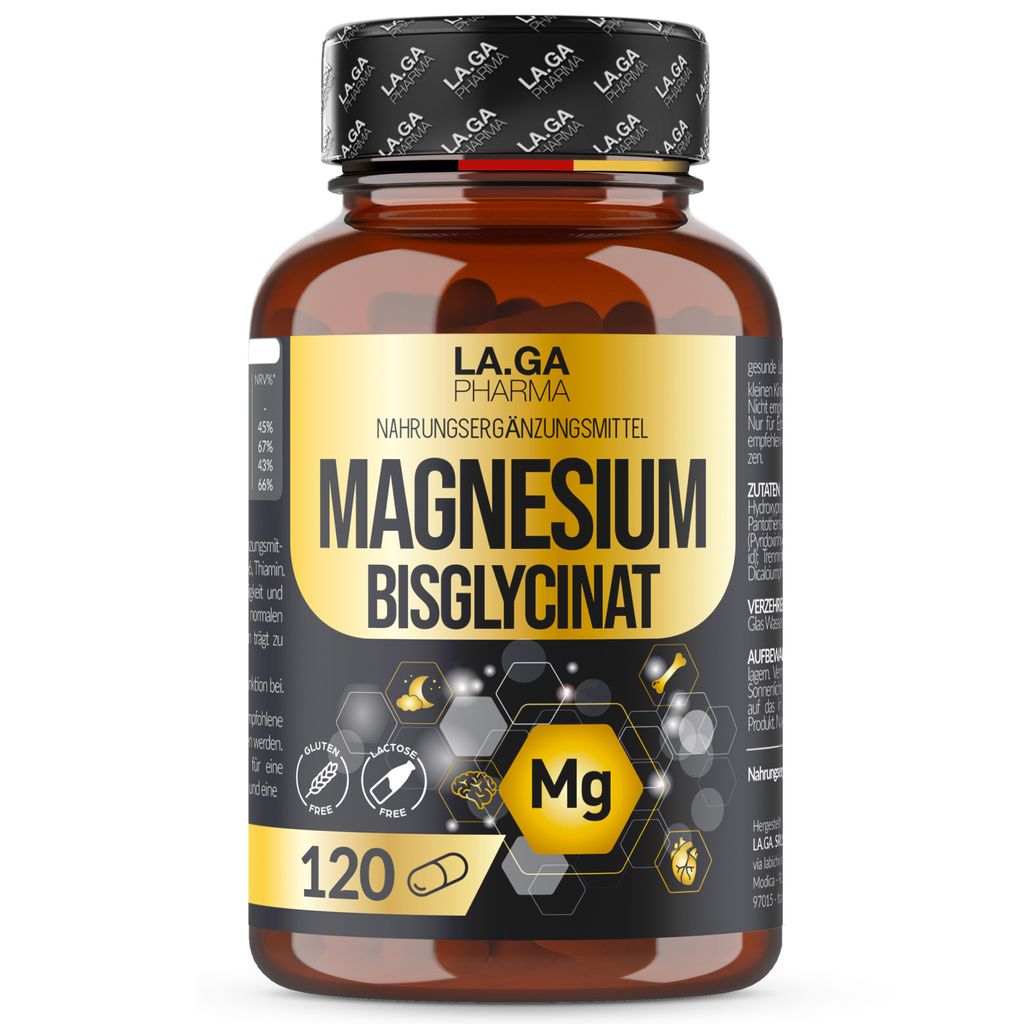 LA.GA. PHARMA Magnesium Bisglycinat Complex – Mit Vitamin B1, B5 & B6 | Unterstützung für Nervensystem & Energiestoffwechsel | 120 Kapseln