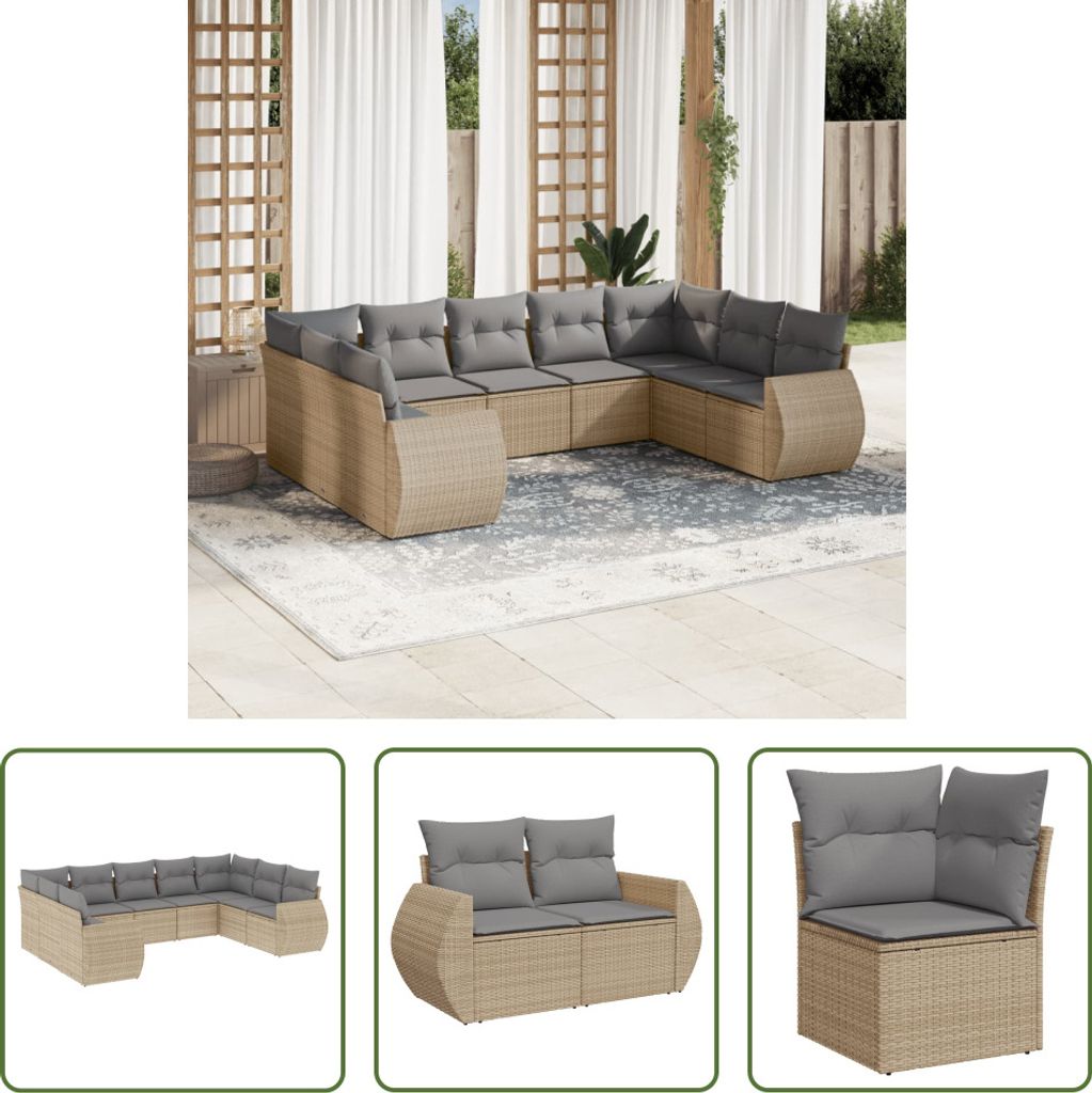 The Living Store 9-tlg. Garten-Sofagarnitur mit Kissen Beige Poly Rattan