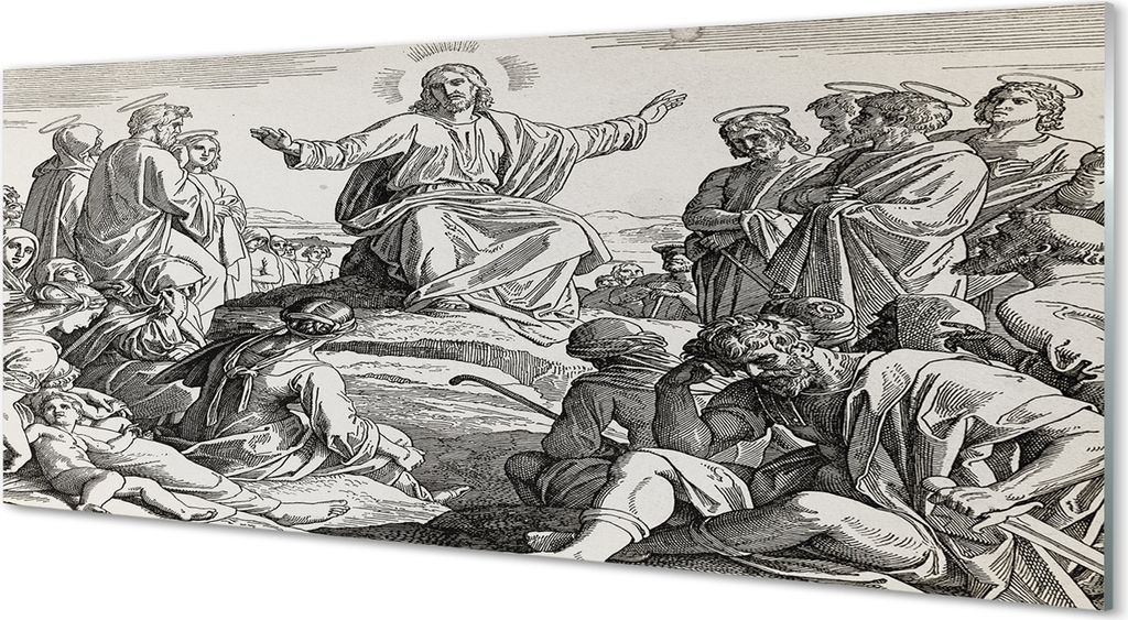 Glasbilder 125x50 Wandkunst Jesus Zeichnung Leute
