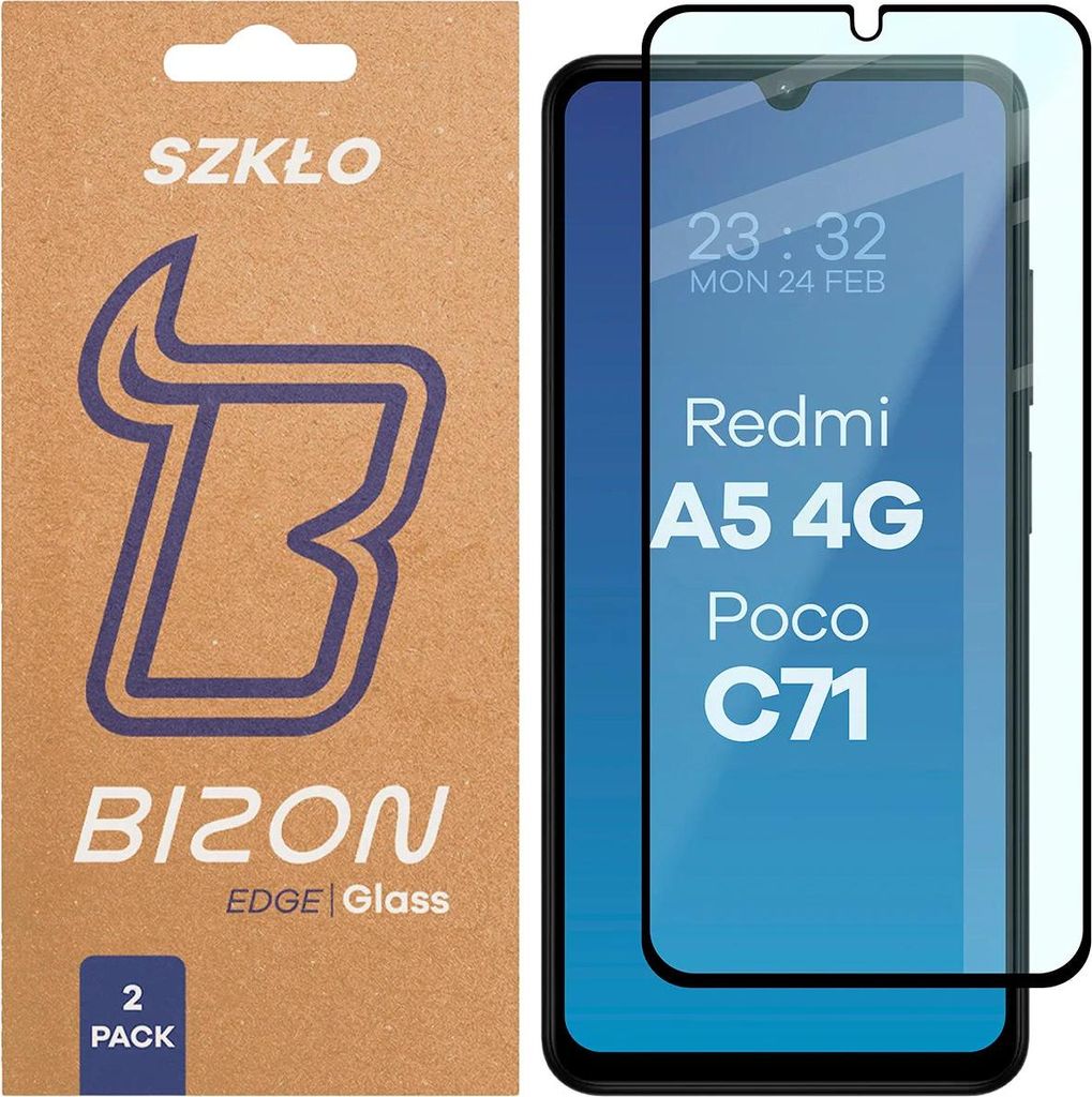 Gehärtetes Glas für Xiaomi Redmi A5 4G / POCO C71 4G, Bizon Glass Edge Duo, Schwarzer Rahmen, 2 Stück