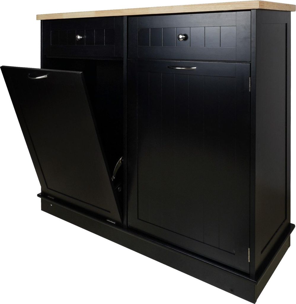 Kuechen-Muellschrank Schwarz 100x35.5x90cm MDF mit Gummibaum-Furnier Versteckter Abfallbehaelter Zwei Schubladen Stauraumschrank Modernes Kuechenmo...
