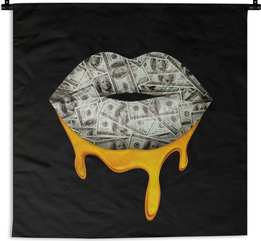 MuchoWow Wandteppich Wandbehang Lippen - Geld - Schwarz - Weiß 150x150 cm Tapisserie Dekoration Wandtuch - Wohnaccessoires - Modernes