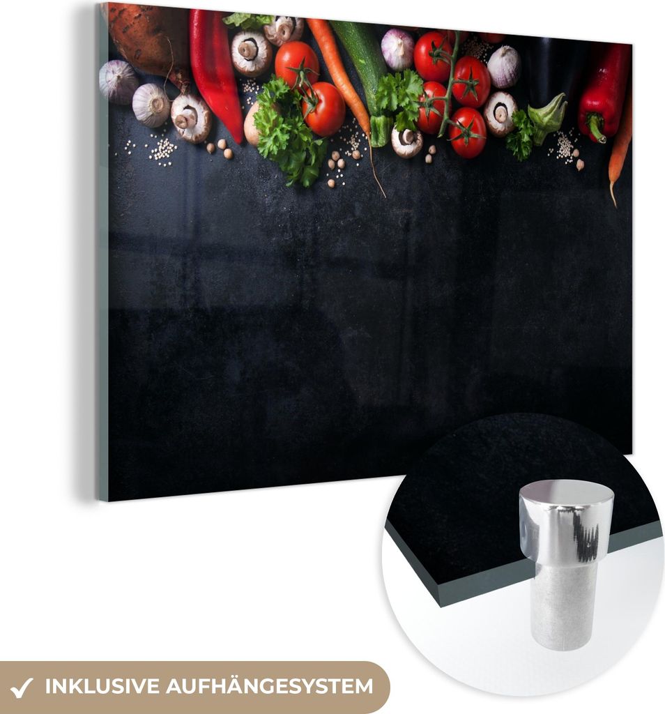 MuchoWow Glasbilder - Bilder auf Wandbild - Foto auf Glas Gemüse - Kräuter - Gewürze - Schwarz - Rustikal - Küche 30x20 cm Wanddekoration aus G...