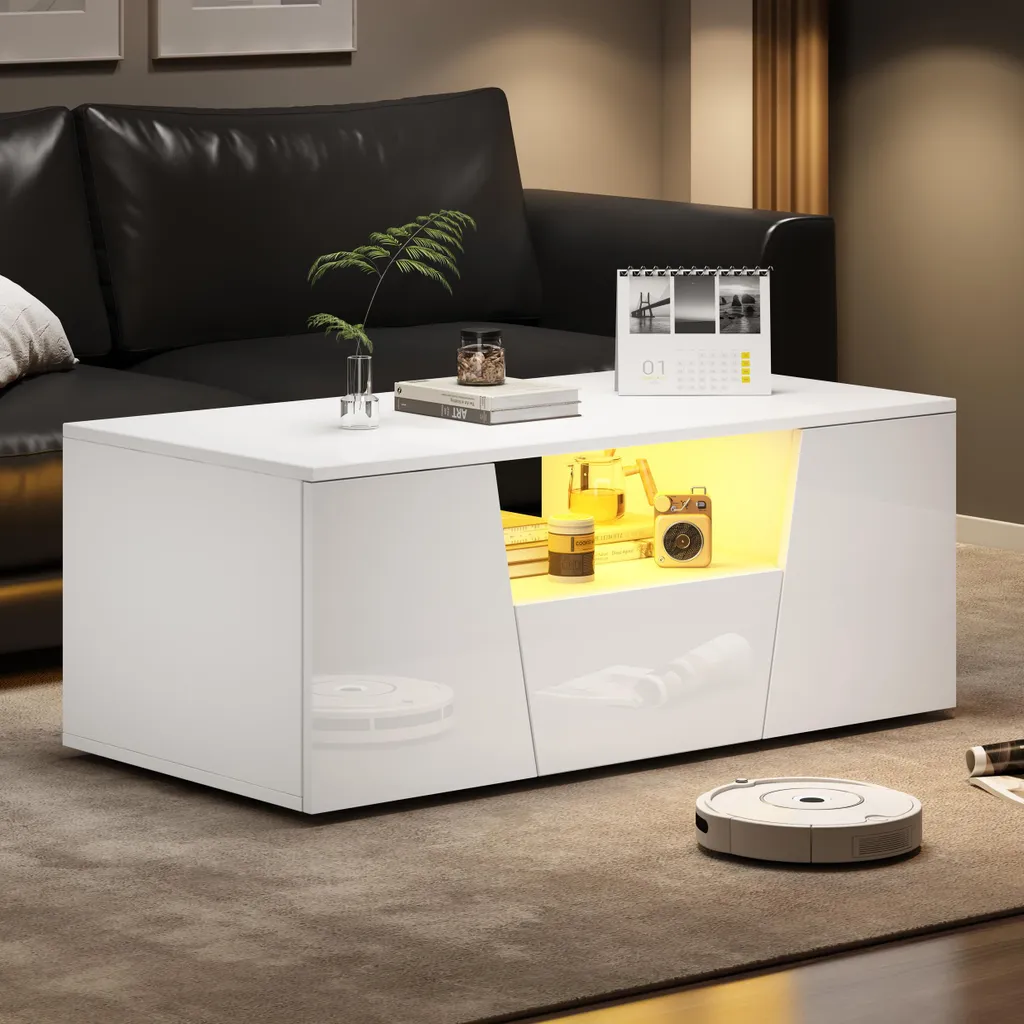 Merax Table Basse avec LED et USB - Table de Salon Blanc Brillant avec Tiroir