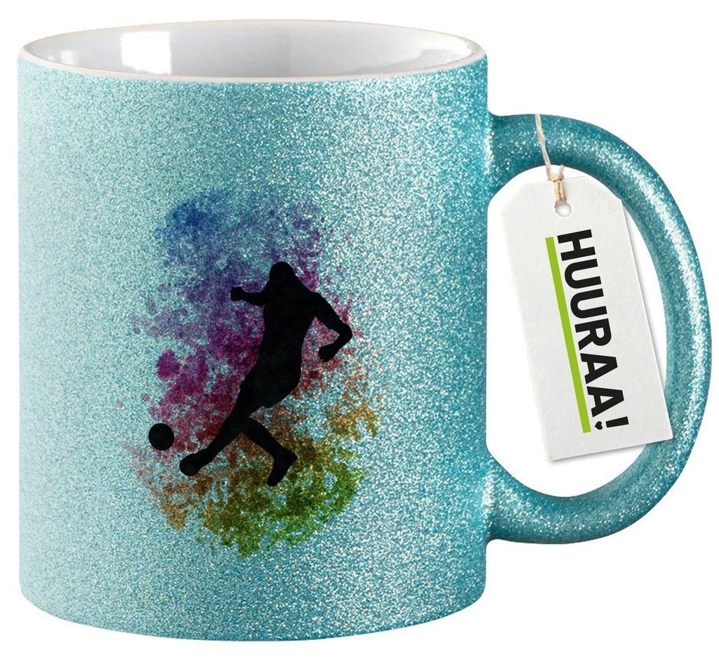 Huuraa Glitzertasse Fußballspieler bunte Silhouette 330ml Blau Keramik Kaffeebecher Geschenkidee