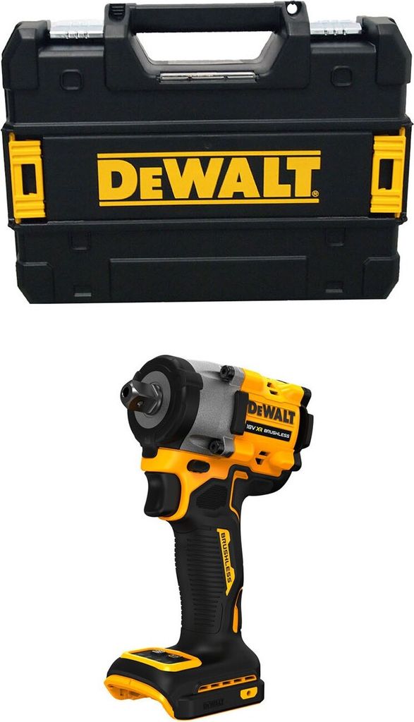 A DeWALT impact wrench and its storage case are shown against a white background.
