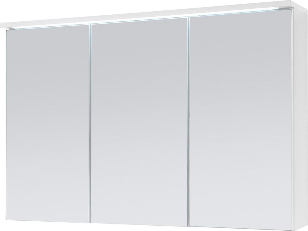 A white bathroom cabinet with three mirrored doors and integrated lighting.